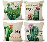 Aoihrraan 51x51cm Lot De 4 Housse De Coussin Vert Cactus Fleur Plantes De Verdure Lin De Coussincarré Taie d'oreiller Décorer Canapé Maison Décor Housse Coussin Salon De Jardin Exterieur Salon