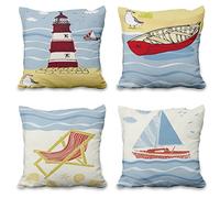 Aoihrraan 56x56cm Lot de 4 Bord De Mer Housse De Coussin Océan Plage Chaise Bateau Gouvernail Phare Lin De Coussincarré Taie d'oreiller Maison Décoration pour Lit Salon Canapé Extérieur Jardin Canapé