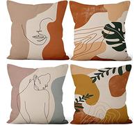 Aoihrraan Abstrait Housses de Coussin Lot de 4, Style Ligne Visage Femme Morandi Minimaliste Boho Feuilles Carré Taie D'oreiller Lin Moderne Coussin pour Maison Chambre Extérieur Jardin Canapé 61x61cm
