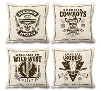 Aoihrraan Far West Housse De Coussin 45x45cm Lot De 4, Rétro Désert Rodeo Mexique Squelette Américain Cow-Boys Peluche Taie d'oreiller Décoratifs pour Chambre Salon D'Extérieur Jardin Canapé