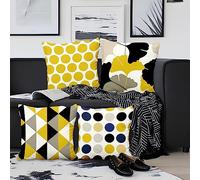 Aoihrraan Housses de Coussin Lot de 4, Minimalistes Jaune Noir Point Bleu Feuille D'Érable Doux Court Peluche Carré Taie d'oreiller pour Sofa Canapé Chambre Auto Chaise Domicile Décor 45x45cm