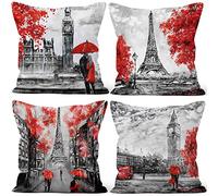 Aoihrraan Housses de Coussin Lot de 4, Tour Eiffel Big Ben Motif Coussin Couvre Rouge Romantique Arbre Parapluie Doux Court Peluche Carré Taie d'oreiller pour Sofa Chambre Auto Chaise Décor 45x45cm