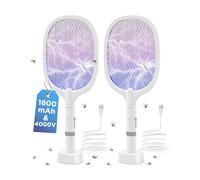 AOKKR Raquette Électrique Insectes Lot de 2, Raquette Anti-Moustiques à Lumière UV 4000V 2 en 1, 1800mAh USB Rechargeable Tapette à Mouches Électrique avec Base de Recharge pour Intérieur et Extérieur