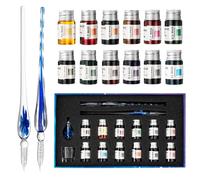 AOKUY Lot de 12 stylos de calligraphie en verre, 12 encres colorées, ensembles de calligraphie pour art, écriture, signature, décoration, cadeau (12 + 2 bleus + fleurs bleues)