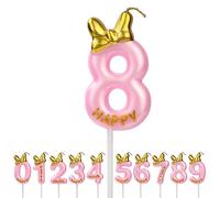 AOMIG Bougies Anniversaire, Bougie Numéro 8 An Rose, Décoration de gâteau de qualité supérieure avec Nœud Papillon, Paillettes Dorées et Chiffre pour Fête Anniversaire d’Enfants et Adulte