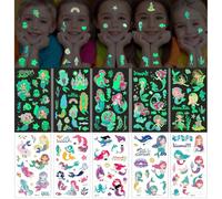 Aomig Tatouage Temporaire Enfant, 10 Feuilles Brillent Dans le Noir Lumineux Tatouage Sticker Ephémère, Fluorescent Mixte Tatouages Ephemere Kit, Cadea Décoration de Fête Garçon Fille(Sirène)