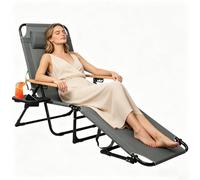 AONASRDI Chaise longue pliable avec dossier réglable à 4 positions, chaise longue de plage légère avec porte-gobelet, jusqu'à 150 kg, pour extérieur, balcon, jardin, piscine, terrasse (gris)
