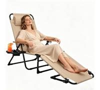 AONASRDI Chaise longue pliable avec dossier réglable à 4 positions, chaise longue de plage légère avec porte-gobelet, jusqu'à 150 kg, pour extérieur, balcon, jardin, piscine, terrasse (beige)