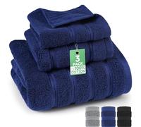 Aonext Lot de serviettes en coton éponge 70 x 140 cm + serviette 35 x 75 cm + serviette de visage 35 x 35 cm en 100 % coton pour salle de bain, sauna et invités (bleu marine)