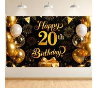 AOOSU Bannière Joyeux Anniversaire 20 Ans, 180x110cm Banderole Joyeux Anniversaire Toile De Fond, Bannière d'anniversaires Happy Birthday Decoration de Fête pour Hommes Femmes (Or Noir)