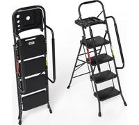 Aopunly Escabeau pliable Escabeau 4 marches Pédale antidérapante Escabeau pliable Tabouret marchepied Escabeau pliant jusqu'à 150kg Accoudoirs amovibles Acier