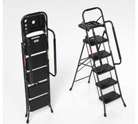 Aopunly Escabeau pliable Escabeau 5 marches Pédale antidérapante Escabeau pliable Tabouret marchepied Escabeau pliant jusqu'à 150kg Accoudoirs amovibles Acier