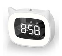 Aoreun Réveil Enfant, Réveil Enfant Educatif, Veilleuses Chat Mignon, Lampe Chevet Fonction Snooze, Affichage Automatique Temps, 5 Couleurs,18 Type de Musique Cadeau d'anniversaire (Blanc)