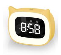 Aoreun Réveil Enfant, Réveil Enfant Educatif, Veilleuses Chat Mignon, Lampe Chevet Fonction Snooze, Affichage Automatique Temps, 5 Couleurs,18 Type de Musique Cadeau d'anniversaire (Jaune)