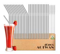 AOTWAN Lot de 40 pailles en acier inoxydable réutilisables - 18 droites + 18 courbes + 4 brosses de nettoyage en acier inoxydable pour cocktails, smoothie et jus