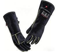 AOUCHI Gants de soudage en cuir de vache à manches longues ignifuges et résistants à la chaleur pour barbecue, lutte contre les incendies, cheminée, four, pâtisserie, poêle, manique (Black, L)