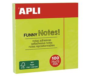 Apli 11899 - Notes adhésives "Funny notes" 75 x 75 mm - Bloc de 100 feuilles - Couleur vert fluo