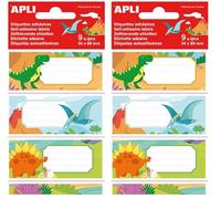 APLI 18439 - 9 Étiquettes scolaires adhésives Dinosaures - 36 x 81 mm (Lot de 2)