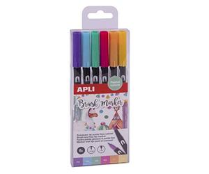 APLI 18574 - Set de 6 feutres aquarelle dans les tons pastel à double pointe (1 pointe ronde de 1 mm et 1 pinceau de 1-4 mm)