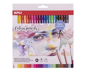 Apli 18913 - Pochette de 24 crayons aquarellables avec pinceau inclus - Crayons de couleur aquarelle haute pigmentation