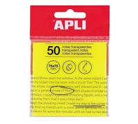 APLI Notes adhésives transparentes 19569 – 75 x 75 mm, jaune, 50 feuilles résistantes à l'eau