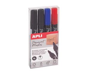 Apli 19685-4 marqueurs permanents à pointe ronde de 3 mm, 2 noirs, 1 bleu, 1 rouge - Multi-surfaces.