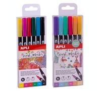 APLI 20289 Lot de 12 marqueurs à double pointe (rond de 1 mm et pinceau de 1 à 4 mm) ; marqueurs aquarellables dans des couleurs classiques et pastel.