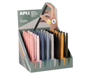 Apli 20461 - Présentoir 48 stylos métalliques Up North, corps en métal hexagonal, couleurs assorties