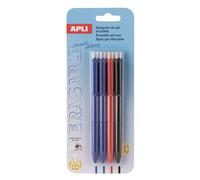 Apli 20517 - Lot de 4 stylos gel effaçables, grip confort soft touch, encre fluide 0,5 mm, bleu, noir, rouge