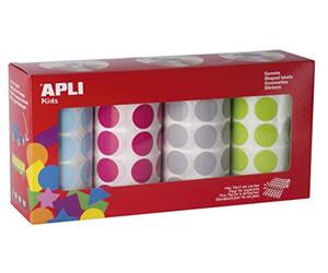 APLI Kids 17685 - Boîte de 7 080 gommettes rondes Ø 20 mm, 4 couleurs (bleu clair, fuchsia, gris, vert clair) pour activités éducatives et créatives enfants.