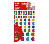 APLI Kids 19550 - Gommettes cœurs métallisés - 624 autocollants colorés en 3 tailles, stickers créatifs enfants, 6 feuilles, usage école et loisirs créatifs.