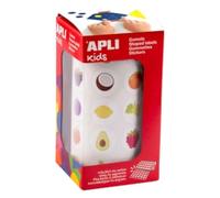 APLI Kids 19714 - Gommettes en rouleau - 900 Autocollants de Fruits, Idéal pour Écoles, Maternelles et Ateliers d'enfants - Adhésif Permanent - Dimensions : 20mm - 16 fruits différents.
