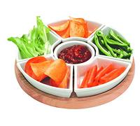Apollo The HOUSEWARES Brand Lazy Susan Service à Sauce Rotatif en Bois d'hévéa avec 6 Plats en céramique Marron Clair/Blanc 35 cm