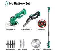 Appareil de jardin électrique 3-en-1 : scie à chaîne de 20 cm, tondeuse de 15 cm, élagage télescopique. Moteur sans balais. Ne comprend pas la batterie. Prise européenne