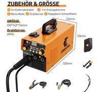 Appareil de soudure MIG 3 en 1 : fil fourré, ARC, MMA, Lift TIG, inverter, sans gaz, 200 A, IGBT, 230V, avec casque de soudure et accessoires, idéal pour les débutants, les bricoleurs, pour l'acier et