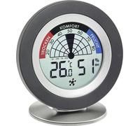 Appareil numérique de mesure de la qualité de l'air et du risque de moisissure, au design argenté.