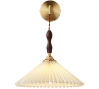 Applique de décoration intérieure en tissu plissé conique de ferme vintage | Fixation Murale Poignée Bois Corps Laiton, Douille E14, Lanterne Décoration pour Chevet Chambre, Salon(31cm)