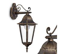 Applique d'extérieur Hongkong, lampe murale descendante en métal/verre antique brun/or, lampe murale à 1 flamme, E27, lampe d'extérieur rétro/vintage pour terrasse et cour, IP44, sans ampoules