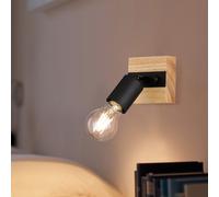 Applique en bois, applique d'intérieur rétro orientable, spot orientable métal noir, 1x E27, LxHxP 9x12x9 cm