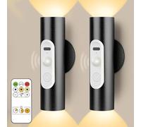 Applique Lampe Murale Sans Fil avec Detecteur de Mouvement et Télécommande | 2000mAh Pile Rechargeable USB, 3 Température, 2 Veilleuse LED de Lecture Chevet avec Interrupteur pour Chambre Interieur Noir