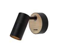 Applique LED de design industriel rétro en acier/aluminium noir avec bois, spot orientable avec interrupteur ""PORTO"" GU10