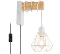 Applique mural en bois vintage avec abat-jour en cage blanche, câble tressé avec prise, et douille E27 à hauteur réglable