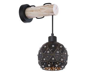 Applique murale Applique murale Lampe de salon Bois avec abat-jour en cristal sphérique, abat-jour à barre ronde, 1x E27, L x H x P 15x40x25 cm, salon