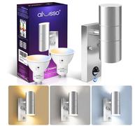 Applique murale avec détecteur de mouvement, en acier inoxydable, indice de protection IP65, 2 x 8W, culot GU10, 3 températures de couleur