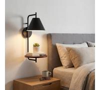 Applique murale « Bilon » avec étagère - Applique murale moderne E27 - Aluminium noir mat et étagère en bois - Lampe murale moderne pour chambre, salon, couloir ou hôtel