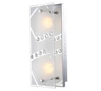 Applique murale chambre à coucher plaque de verre 2 flammes satinées avec cristaux décoratifs, métal chromé, 2x LED 4W 320Lm 3000K, LxPxH 30x12x9 cm