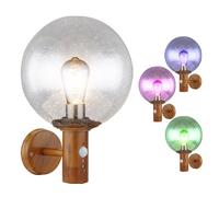 Applique murale d'extérieur avec détecteur de mouvement, lampe de jardin en acier inoxydable, télécommande dimmable, boule de verre aspect bois, 1x LED RVB 8,5W 806Lm, PxH 25x37 cm