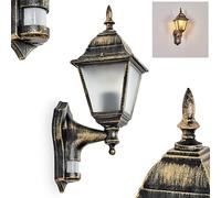 Applique murale d'extérieur Naofe, avec détecteur de mouvement au look antique en métal/verre en or-brun/verre laiteux, lampe murale au design rétro/vintage, pour terrasse, E27, sans ampoule