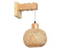 Applique Murale E27 avec Abat-jour en Rotin Suspendu - Support en Bois et Base Métallique Effet Bois pour Salon ou Chambre