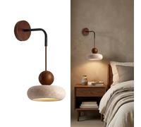 Applique Murale en Pierre, Appliques LED 9W 3000K en Travertin Jaune et Bois, Luminaire Intérieur Style Japonais Nordique pour Chambre, Salon et Chevet(A)